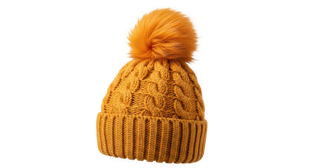 Mustard yellow knitted winter hat with pompom isolated PNG, warm woolen cap for cold weather fashion on transparent background