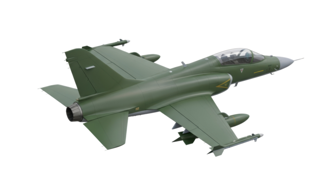 Olive green fighter jet PNG isolated on transparent background, military aircraft for aviation and defense themes