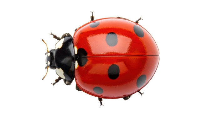 Red ladybug PNG isolated on transparent background, close-up of a seven-spot ladybug with black spots, insect vector for biology and nature designs