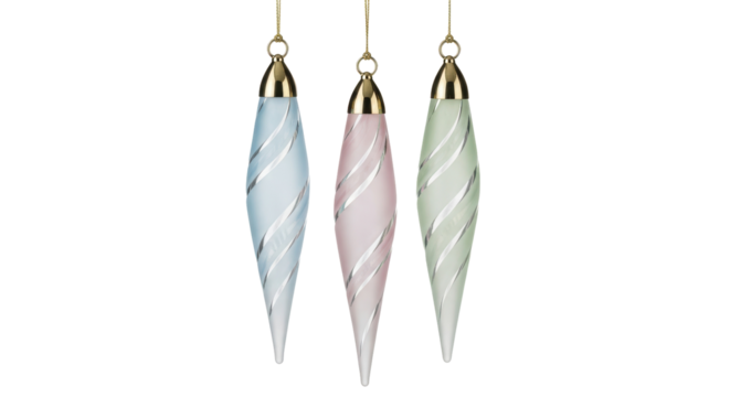 Pastel Christmas ornaments isolated PNG, set of three icicle shaped decorations with silver swirl pattern for holiday design on transparent background