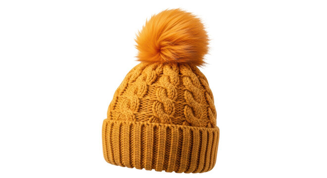 Mustard yellow knitted winter hat with pompom isolated PNG, warm woolen cap for cold weather fashion on transparent background