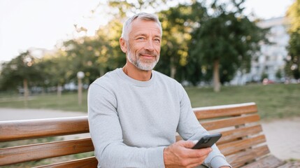 Fototapeta premium Man sitting on park bench using phone.