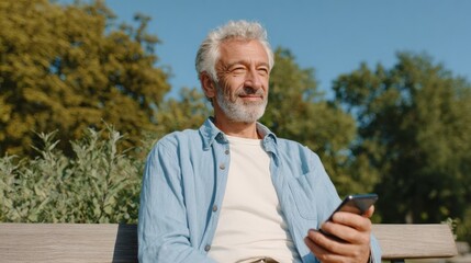 Fototapeta premium Man sitting on park bench using smartphone.