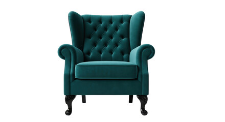 Elegant teal velvet wingback chair isolated PNG, luxurious armchair with tufted back and ornate legs for interior design projects