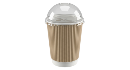 Disposable coffee cup with dome lid isolated PNG, brown corrugated paper cup for hot drinks on transparent background