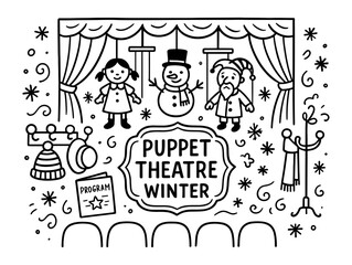 Winter puppet theatre scene with snowman and characters in doodle style