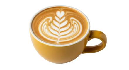 Latte art in yellow cup isolated on transparent background PNG, coffee drink with heart and leaf pattern for cafe menu