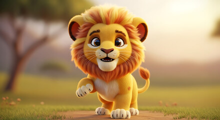 A cute cartoon lion cub walking on a path in a grassy field with a tree in the background scenery