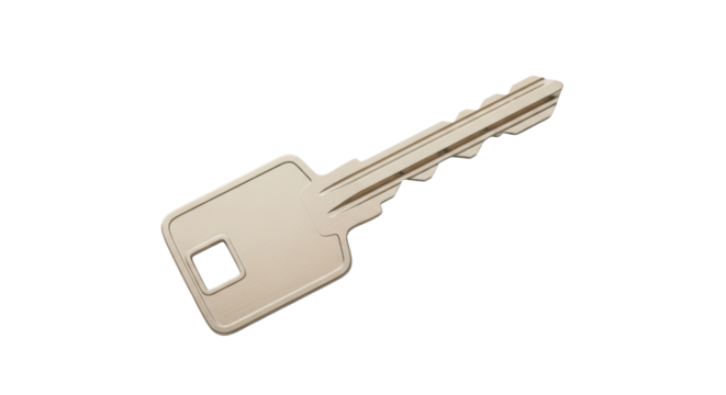 Modern metal key isolated PNG on transparent background, security and access tool for unlocking doors and protecting property