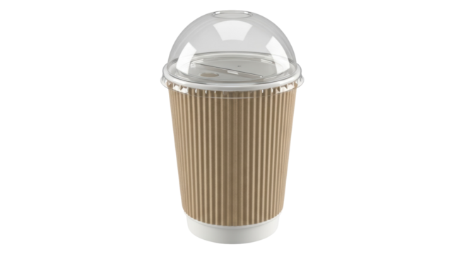 Disposable coffee cup with dome lid isolated PNG, brown corrugated paper cup for hot drinks on transparent background