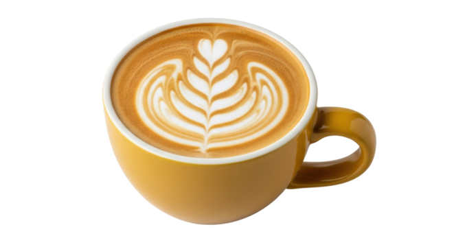 Latte art in yellow cup isolated on transparent background PNG, coffee drink with heart and leaf pattern for cafe menu
