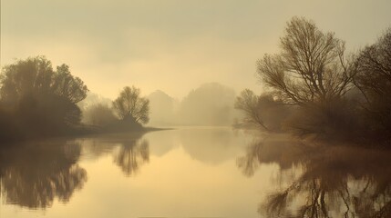 Tranquil river water reflects bare trees shrouded in soft morning mist