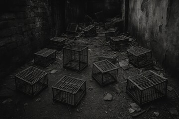 Empty bird cages scattered on dirty floor of dark abandoned building, creating eerie atmosphere with decay, neglect, silence and mystery mood