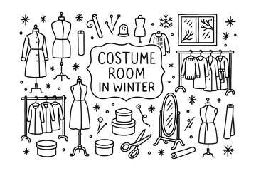 Obraz premium Winter costume room elements in black and white linear style