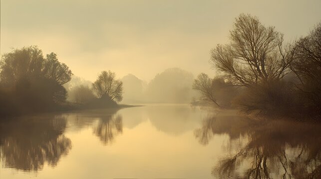 Tranquil river water reflects bare trees shrouded in soft morning mist