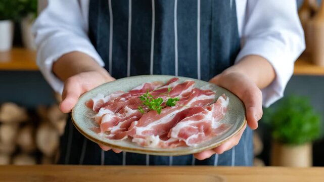 Ready to serve fresh sliced meat on a plate held by a chef in a kitchen setting
