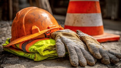 Construction safety gear still life on weathered concrete urban setting high-visibility equipment industrial environment