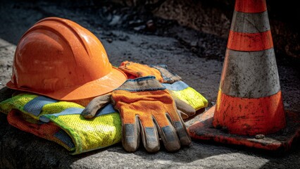Construction safety gear still life on weathered concrete industrial setting high-visibility equipment detailed view