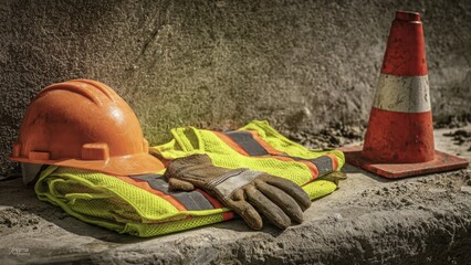 Construction safety gear still life on weathered concrete hard hat vest gloves industrial setting close-up