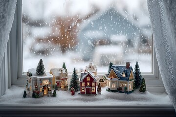 A cozy window sill adorned with a miniature Christmas village scene, with tiny houses and fake snow, as real snow falls outside 