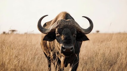 A powerful African buffalo with large horns stands in a dry grassy savanna, looking directly at the viewer. - Powered by Adobe