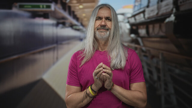Man middle aged with long silver hair clasping hands on cruise ship deck in studio; calm reflection. - Powered by Adobe