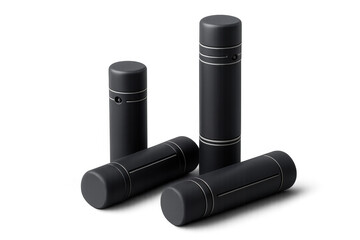 Obraz premium Modern black kitchenware seasoning shakers standing and lying on transparent background, minimalist culinary tools