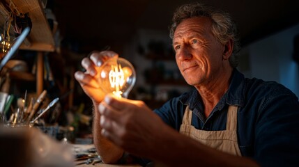 Older man working on light bulb in workshop.