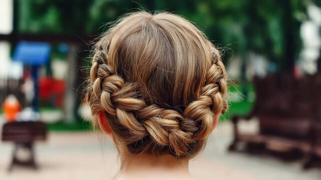 Elegant braided hairstyle worn by a girl in a park during sunny weather
