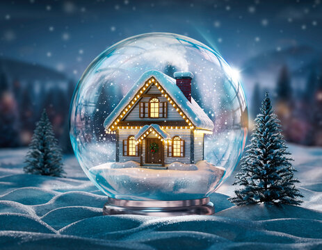 Christmas cottage in snowy winter landscape with decorated tree and moonlit sky - Powered by Adobe