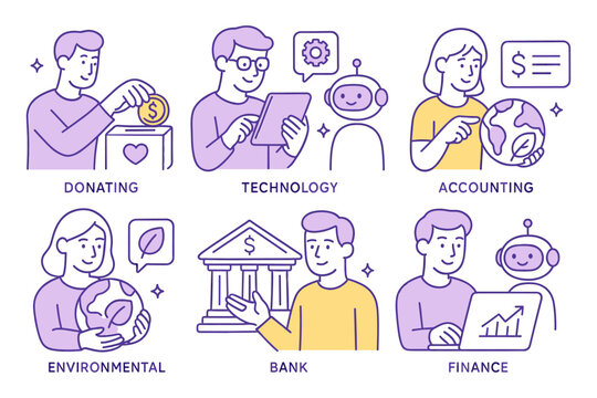 Modern flat design concepts featuring technology, finance, and sustainable practices