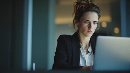 Focused businesswoman analyzing data at modern desk in corporate office professional photography