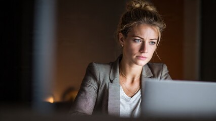 Dedicated businesswoman analyzing data modern office corporate photography professional environment focused viewpoint