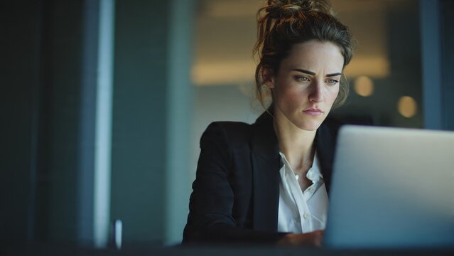 Focused businesswoman analyzing data at modern desk in corporate office professional photography