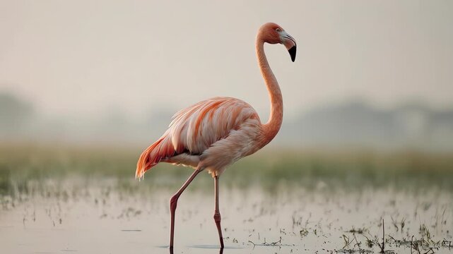 A solitary pink flamingo gracefully stands in shallow water at dawn, its elegant form reflected in the calm marsh.