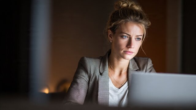 Dedicated businesswoman analyzing data modern office corporate photography professional environment focused viewpoint