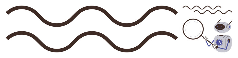 Wavy lines alongside magnifying glass and scanning equipment emphasizing detail, observation, and analysis. Ideal for diagnostics, research, lab testing, science, inquiry, precision simple flat