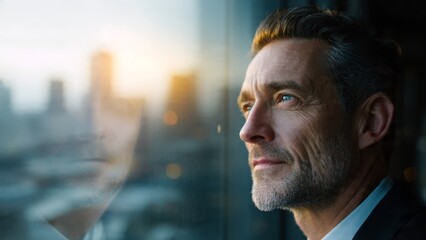 Contemplative business leader gazing out office window urban skyline portrait professional environment reflective mood