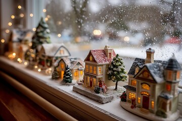 A cozy window sill adorned with a miniature Christmas village scene, with tiny houses and fake snow, as real snow falls outside 
