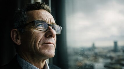 Contemplative business leader observing cityscape from office window professional setting urban environment