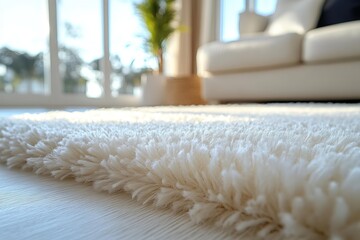 Soft thick white fluffy carpet in cozy warm winter room gentle lighting intimate atmosphere relaxing interior comfort calm evening serene home setting