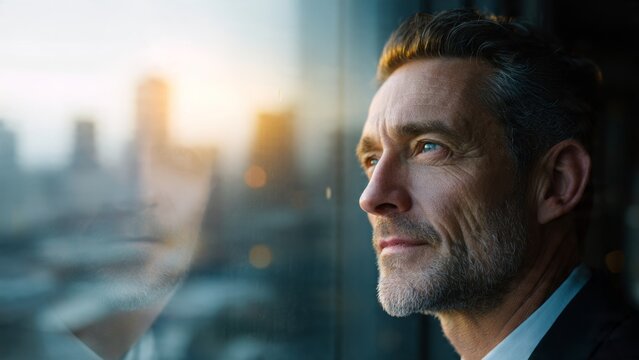 Contemplative business leader gazing out office window urban skyline portrait professional environment reflective mood - Powered by Adobe