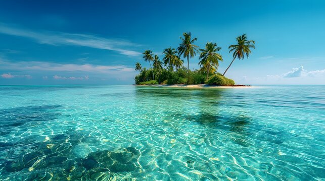 Remote tropical island with clear turquoise ocean water and palm trees under bright blue sky