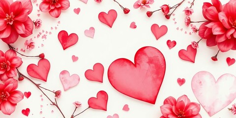 Soft pink and red watercolor hearts, delicate floral details,  design,  background