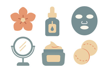 Minimalist skincare essentials icons featuring creams, serums, and accessories
