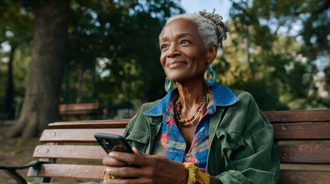 Older woman sitting on park bench using smartphone