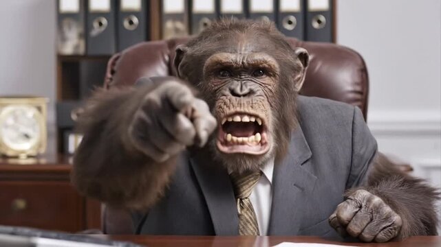 Chimp in suit screaming while sitting at office desk, concept of stress and frustration at work place for business humor, boss burnout. Funny joke.
