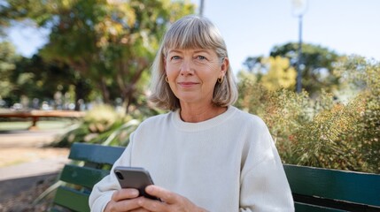 Woman sitting on park bench using phone.