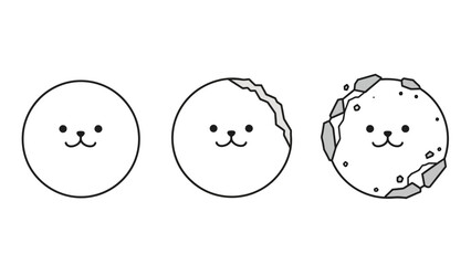 Cute cartoon character evolution from smooth sphere to cratered moon.