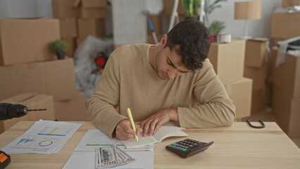 Man reviews notebook data during writing session in home study by young hispanic near boxes after moving with calculator by guy.